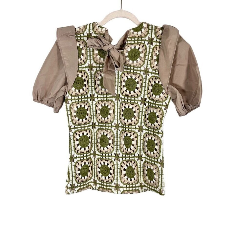 Retro Quilt Patchwork Crochet Dress Tan XL Boho Indie Folk‎ Preppy Neutral 80s
